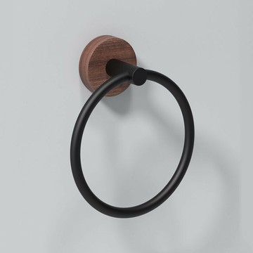 太空鋁毛巾環胡桃木中古風衛生間免打孔壁掛毛巾架浴室掛毛巾圓環
