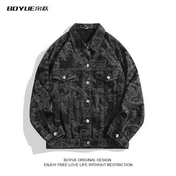 BOYUE帛躍潮牌時尚腰果印花牛仔外套男日系高街cityboy復古夾克潮