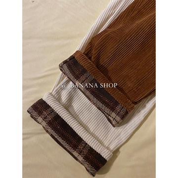 香蕉芭那那燈芯絨格子褲女直筒寬松杏色條絨2021秋冬復古闊腿褲子