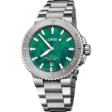 ORIS x Bracenet Aquis 時間之海特別版 300米潛水機械錶-綠x銀/43.5mm 0173377304137-0782405PEB