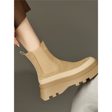 6.5cm高跟厚底短靴女真皮松糕底拼色切爾西靴新款英倫風單靴