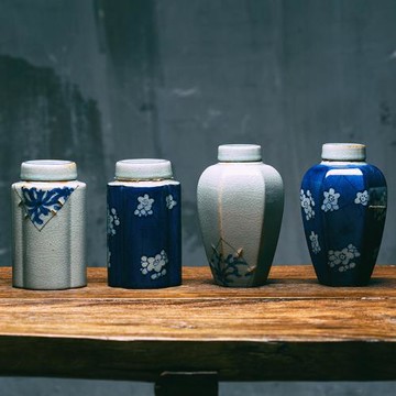 仿古青花瓷手繪茶葉罐景德鎮霽藍釉冰裂紋紅茶普洱存儲密封罐茶具