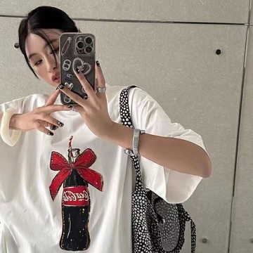 美式複古女生上衣 蝴蝶結飲料瓶印花寬鬆慵懶風短袖T卹女遮肉通勤男生短袖 oversize寬鬆 韓版短T 圓領半袖 上衣女
