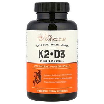 Live Conscious, K2 + D3，骨骼和心臟健康，60 粒軟凝膠
