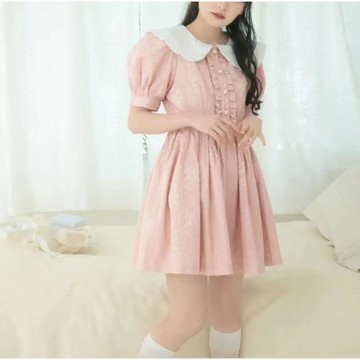 日單honeycinnamon 原單可愛甜美單排扣褶皺顯瘦暗花娃娃領連衣裙