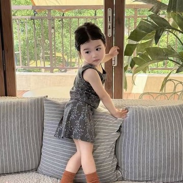 Mini baby🌷女童夏季小衆碎花背心裙褲套裝寶寶時尚吊帶兒童半裙