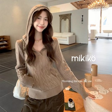 美木子｜針織上衣 針織毛衣｜韓系麻花連帽針織衫【T101176】V領毛衣 有口袋 學院風 連帽針織 麻花針織