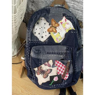 布料燒糊手作牛仔不規則拼接廢土風蝴蝶書包學院風大容量雙肩包