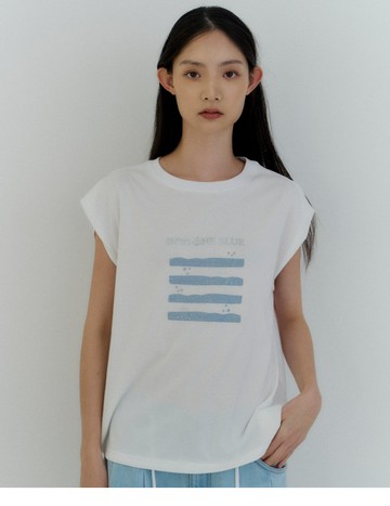 夏日蔚藍層次波浪圓領上衣(白色)-女