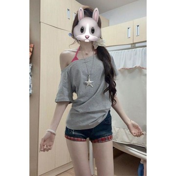 本土出貨 一字肩露肩灰色短袖t恤女夏季新款設計感小衆氣質斜肩上衣女RW3B*1 R