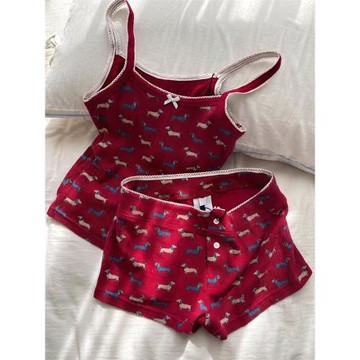 Sin Glee 純欲性感可愛印花吊帶短褲睡衣女春季修身居家服三件套