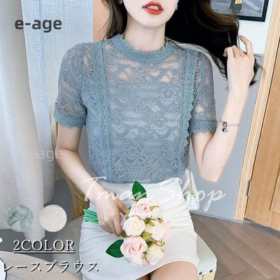 シフォンブラウス レースブラウス レディース 半袖 ショート丈