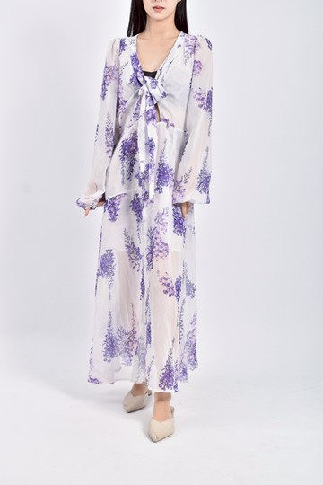 (S) 質感長袖花花紫色洋裝