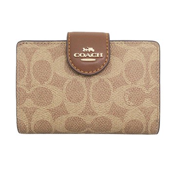 COACH 經典LOGO緹花皮革釦式皮夾中夾 棕褐x紅棕色 CW786 IMXHE