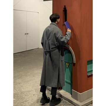 地界二秋冬韓版開叉簡約寬松帥氣男士毛呢大衣長款風衣男裝外套潮