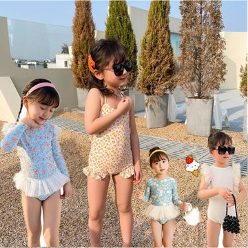 2023新款韓國ins兒童泳衣女童波點連體泳裝蕾絲公主寶寶泳衣套裝