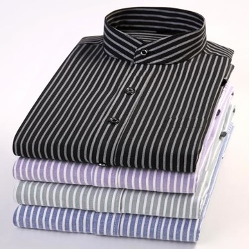 春季全棉中華立領襯衫男長袖純棉修身圓領襯衣中年牛津紡襯衫男裝