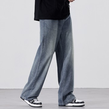 【HOT 本舖】男装2024秋冬新款龍鱗紋牛仔直筒拖地褲子男潮流百搭港風寬鬆舒適顯高顯瘦高品質美式休閒牛仔褲