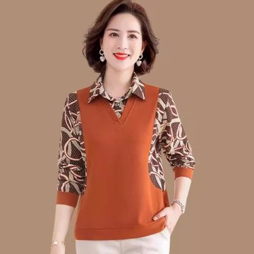 假兩件媽媽裝洋氣打底衫2025年秋冬季中老年遮肚顯瘦休閑百搭上衣