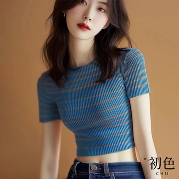 初色 圓領條紋修身短款顯瘦短袖休閒針織衫上衣-藍色-34725(F可選)