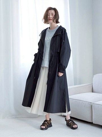 腰部抽繩設計連帽長版外套(7B41L0Y0200) - YECCA VECCA