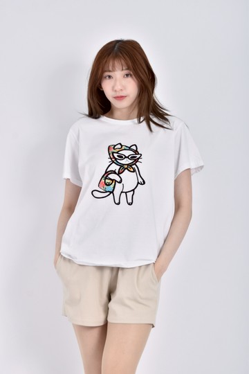 (L) miiica質感頭套貓白色短袖上衣