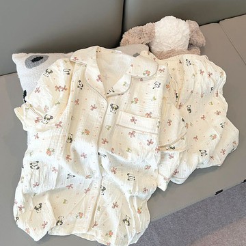 女童白色熊貓睡衣中大童夏季蝴蝶結短袖短褲兩件套開衫家居服套裝短袖睡衣兒童家居服兒童睡衣套裝夏季居家服兒童睡衣兒童短袖睡衣