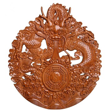 禪意閣精雕桃木雕刻盤龍八卦鏡掛盤家居公司神龍吸水木質掛飾