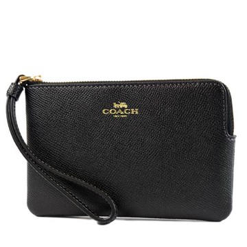 COACH 燙印金字素面防刮皮革手拿包-黑色