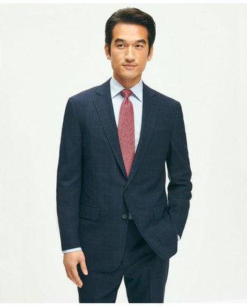 Brooks Brothers Men's Explorer Collection Classic Fit Wool Checked Suit Jacket | Navy | Size 42 Short