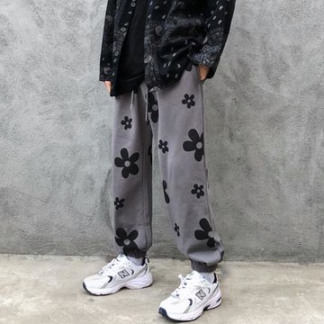 滿印小花朵束腳褲嘻哈潮牌街舞情侶運動褲ins復古寬松直筒長褲子