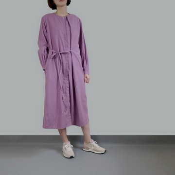 紫色棉質不對稱開襟綁帶洋裝