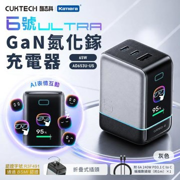 【CUKTECH 酷態科】65W 氮化鎵 充電器套裝 6號 Ultra AD653U-US AI 螢幕視窗 6A 240W快充線