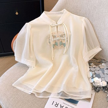 SY短袖上衣新中式國風刺繡雪紡襯衫短袖襯衫女夏大碼胖MM顯瘦盤扣小衫雪紡立領上衣