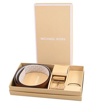 MICHAEL KORS 滿版字母LOGO印花雙面皮帶禮盒組(白咖-全新福利品)