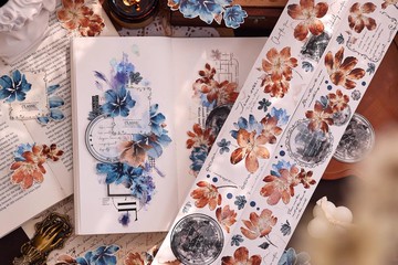 繪語 復古藍棕色大小花和紙PET咕卡貼手帳膠帶拼貼