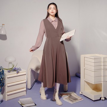 氣質假兩件交叉皺皺長洋裝 MISS