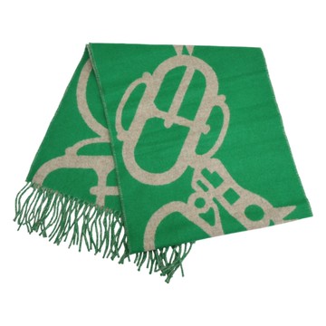 【二手名牌BRAND OFF】HERMES 愛馬仕 綠/米白色 羊絨 圍巾