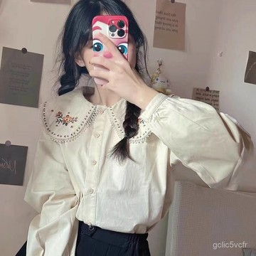 娃娃領襯衫 長袖女 設計感小衆上衣 寬鬆哈桑已 襯衣 甜美上衣 娃娃領長袖襯衫 襯衫 純色襯衫 長袖上衣 小個子襯衫