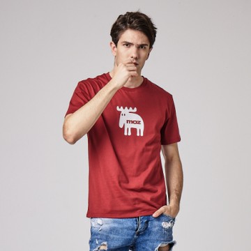 moz瑞典胸前萌樣駝鹿印花100%純棉短T罌粟紅(亞洲版)男款
