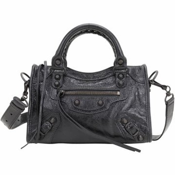 BALENCIAGA 巴黎世家 Le City Arena Storico MINI 揉製羊皮霧黑扣手提/斜背機車包(黑色)