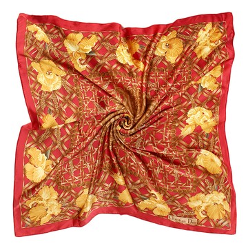 Dior迪奧金色槿花古典花紋方型絲巾90cm(紅色)179010-1｜GoBrand購名牌