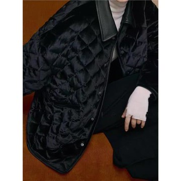 冬季新款巨軟撞色翻領中長款絲絨落肩寬松輕薄休閑羽絨服外套女