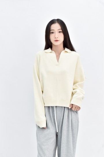 (L) uniqlo 白色棉質純棉針織翻領長袖上衣