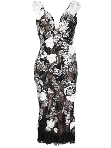 Marchesa - floral-appliqué midi dress - women - Polyester/Silk/Nylon/Elastane - 2 - Black