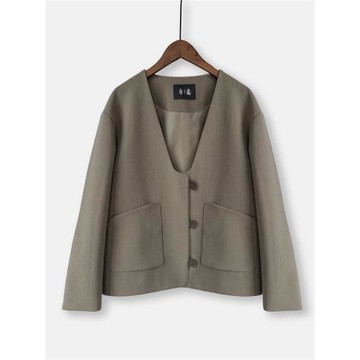 春秋新款長袖外套女寬松v領無領垂感上衣顯瘦百搭西裝氣質