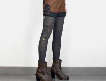 蒸汽朋克 金屬齒輪 秋冬女 混紡 棉襪黑灰 瘦腿踩腳 連褲襪子