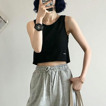 網紅運動背心女夏外穿潮港風寬松高腰短款無袖內搭t恤超火上衣服