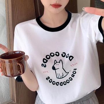 正肩t恤女短袖夏季新款小狗印花學院風寬松棉質體恤學生上衣ins潮