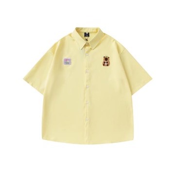 MOISHE TIDE潮牌夏季卡通小熊貼布刺繡短袖襯衫男女寬松百搭襯衣